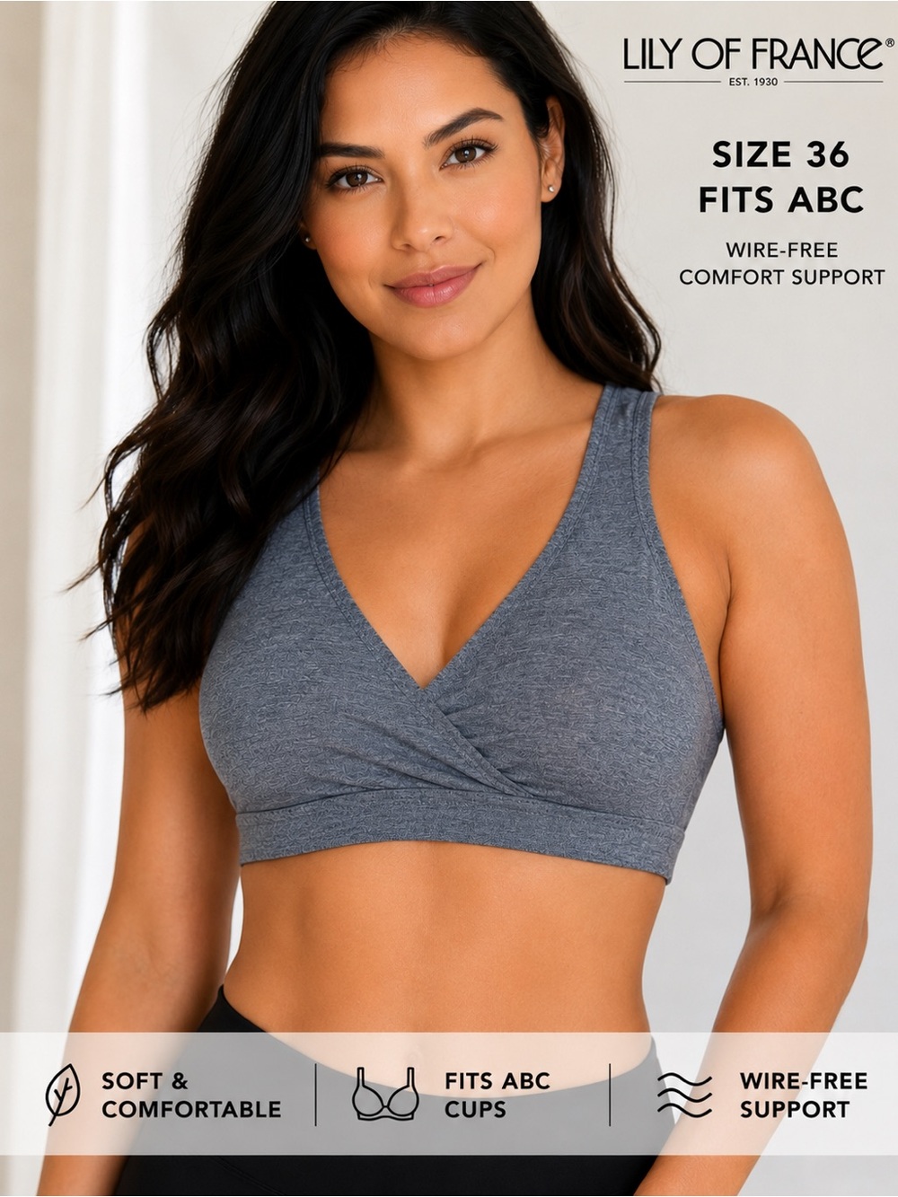 Lily of France Cross Over Comfort Sports Bra Gray Size 36 ABC NWT